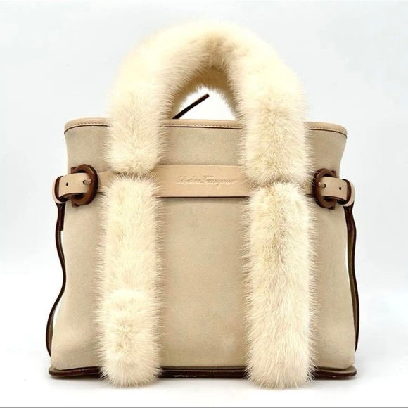 Salvatore Ferragamo Authentic Beige Fur/Suede Gancini Handbag/Shoulder - Picture 3 of 11